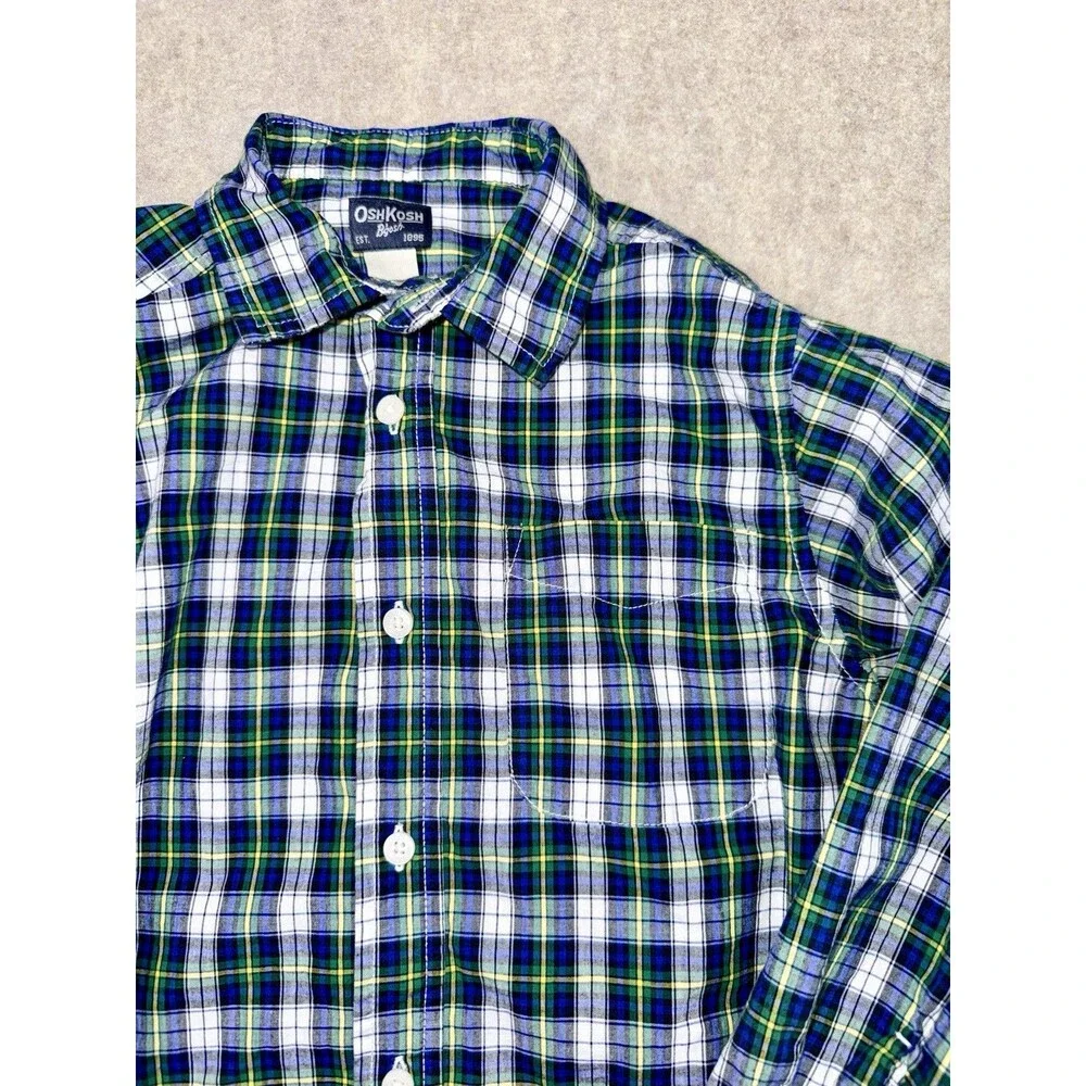 OshKosh B'gosh Button Up Shirt Boys 7 Plaid Long Sleeve Blue Green